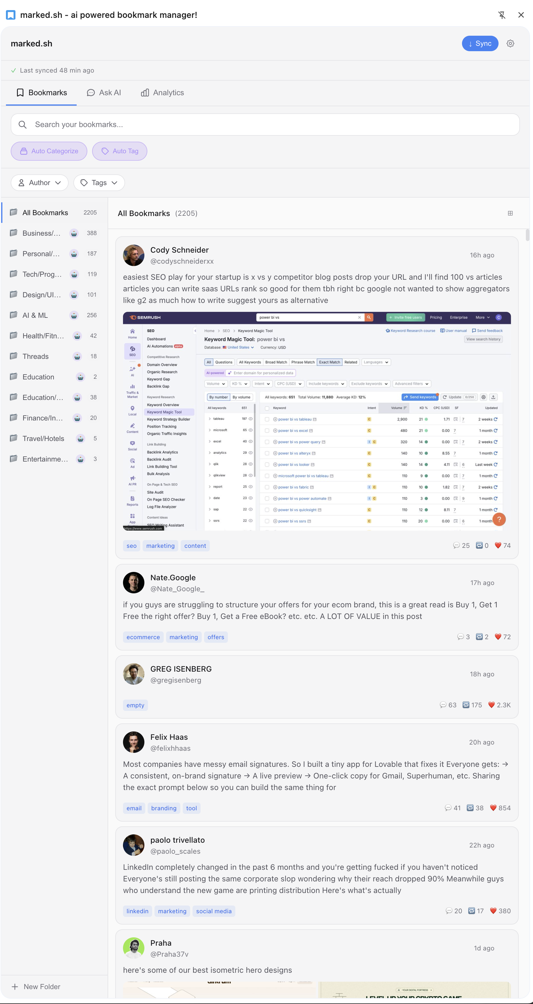 marked.sh interface showing organized bookmarks with AI categorization